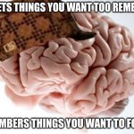 Scumbag Brain | FORGETS THINGS YOU WANT TOO REMEMBER; REMEMBERS THINGS YOU WANT TO FORGET | image tagged in memes,scumbag brain | made w/ Imgflip meme maker