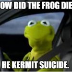 Daily Bad Dad Joke 05/16/2023 | HOW DID THE FROG DIE? HE KERMIT SUICIDE. | image tagged in kermit the frog | made w/ Imgflip meme maker