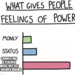 What Gives People Feelings of Power | CORRECTING A TEACHER WHEN THEY GET AN ANSWER WRONG | image tagged in what gives people feelings of power | made w/ Imgflip meme maker
