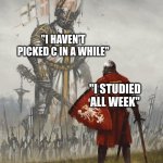 I'll see you all in summer school | "I HAVEN'T PICKED C IN A WHILE"; "I STUDIED ALL WEEK" | image tagged in giant knight,finals,finals week,funny,memes,funny memes | made w/ Imgflip meme maker