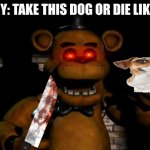 why dog is best pet besides hamster and snake | FREDDY: TAKE THIS DOG OR DIE LIKE I DID | image tagged in fnaf freddy | made w/ Imgflip meme maker