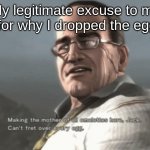 Sorry, Mom. But this is my Metal Gear Rising: Revengeance. | My legitimate excuse to my parents for why I dropped the egg carton: | image tagged in making the mother of all omelettes,metal gear rising,eggs,memes,funny,ha ha tags go brr | made w/ Imgflip meme maker