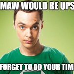 Sheldon Cooper Timesheet Reminder meme | MEMAW WOULD BE UPSET; IF YOU FORGET TO DO YOUR TIMESHEET | image tagged in sheldon cooper timesheet reminder meme | made w/ Imgflip meme maker