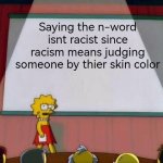 You can say the n-word just explain this to the people | Saying the n-word isnt racist since racism means judging someone by thier skin color | image tagged in lisa simpson's presentation,n word | made w/ Imgflip meme maker