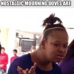 I googled them and they are cute birds | WHEN EVERYONE IS TALKING ABOUT HOW NOSTALGIC MOURNING DOVES ARE; BUT YOU LIVE IN AUSTRALIA AND YOU HAVE NEVER HEARD OF THEM | image tagged in memes,black girl wat,nostalgia,birds | made w/ Imgflip meme maker