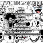 Know your soyspeak terms! | KNOW YOUR SOYSPEAK TERMS; GEM - GOOD
COAL - BAD
KETCHUP - GEM
MUSTARD - COAL
GOAL - MEDIOCRE, COMBINATION OF GEM AND COAL
GEMERALD/DIAMOND - BEST
DUST - WORSE
BRIMSTONE - WORST
RUST - WORSE THAN GOAL, BETTER THAN COAL
IRON - GOAL
'CORD - DISCORD
4CUCK/'CUCK - 4CHAN
CHUD - RIGHT WINGER
'CADO - NIKOCADO AVOCADO
COINSLOT - THE FORMER'S "COIN SLOT"
SLOWBURN - MAKING CRYPTIC REFERENCES INSTEAD OF OVERT SLUR/SHOCK POSTING
CIU - TO POST SLURS AND SHOCK CONTENT
'P - SOMETHING WE SHOULDN'T TALK ABOUT
'ZELLIG/ONGEZELLIG - DUTCH TRANIME. SOME SOYTEENS ARE OBSESSED WITH IT
CHEESE/LEE/BARNEY - ALL REFERENCES TO BARNEYF*G (LEE GOLDSON), AN OBSCURE NAMEF*G WITH A VENDETTA AGAINST CHILDREN'S SHOWS
TSMT - THIS, SO MUCH THIS
ID'D - GOOD
IV'D - BAD | image tagged in soyjak,language | made w/ Imgflip meme maker