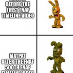 matpat be like | MATPAT BEFORE THE FIRST FNAF TIMELINE VIDEO; MATPAT AFTER THE FNAF 500TH FNAF TIMELINE VIDEO | image tagged in expectations vs reality fnaf world edit | made w/ Imgflip meme maker