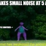 true story | *MAKES SMALL NOISE AT 5 AM*; MY LITTLE BROTHER -> | image tagged in whomst has awakened the ancient one | made w/ Imgflip meme maker