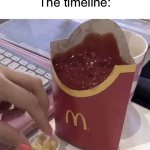 Title | Time traveller: *breathes* 
The timeline: | image tagged in ketchup with a side of fries,memes,funny,time travel | made w/ Imgflip meme maker