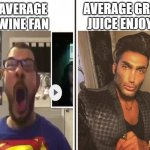 I do like some grape Juice! | AVERAGE GRAPE
JUICE ENJOYER; AVERAGE
WINE FAN | image tagged in average fan vs average enjoyer | made w/ Imgflip meme maker