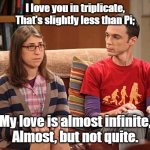 I Love You In Triplicate | I love you in triplicate,
That's slightly less than Pi;; My love is almost infinite,
Almost, but not quite. | image tagged in sheldon and amy,romance,funny meme,couples therapy | made w/ Imgflip meme maker