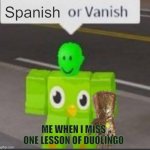Duolingo no- | Spanish; ME WHEN I MISS ONE LESSON OF DUOLINGO | image tagged in spanish or vanish blank,memes | made w/ Imgflip meme maker