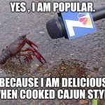 Crawfish Interview | YES , I AM POPULAR. BECAUSE I AM DELICIOUS WHEN COOKED CAJUN STYLE. | image tagged in crawfish interview | made w/ Imgflip meme maker