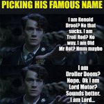 Tom Riddle had plenty of choices before settling on his famous name | TOM RIDDLE PICKING HIS FAMOUS NAME; I am Renold Drool? No that sucks. I am Troll Rod? No way. I am Old Mr Rot? Hmm maybe; I am Droller Doom? Nope.  Ok I am Lord Motor? Sounds better. I am Lord... | image tagged in tom riddle,anagram,names,choose wisely,memes,harry potter | made w/ Imgflip meme maker
