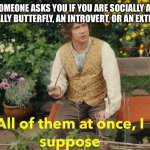 All of them at once I suppose | WHEN SOMEONE ASKS YOU IF YOU ARE SOCIALLY ANXIOUS, A SOCIALLY BUTTERFLY, AN INTROVERT, OR AN EXTROVERT | image tagged in all of them at once i suppose | made w/ Imgflip meme maker