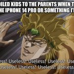 they have a all out tantrum | SPOILED KIDS TO THE PARENTS WHEN THEY DON'T GET THE IPHONE 14 PRO OR SOMETHING I'M CANADIAN | image tagged in useless | made w/ Imgflip meme maker