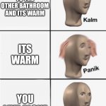 Warm toilet seat | THE TOILET SEAT IS SUPER COLD; YOU MOVE TO THE OTHER BATHROOM AND ITS WARM; ITS WARM; YOU LIVE ALONE; YOU LIVE ALONE | image tagged in panik 5 panel | made w/ Imgflip meme maker