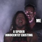 let's make spiders extinct | ME; A SPIDER INNOCENTLY EXISTING | image tagged in undertaker teleports behind aj styles,spider | made w/ Imgflip meme maker