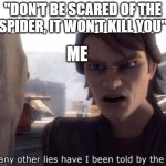 spiders AREN'T deadly?! | "DON'T BE SCARED OF THE SPIDER, IT WON'T KILL YOU"; ME | image tagged in how many other lies have i been told by the council | made w/ Imgflip meme maker