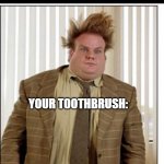 tooth brush meme | WHEN YOU DO NOT CHANGE 
YOUR TOOTHBRUSH FOR 4 MONTHS; YOUR TOOTHBRUSH: | image tagged in chris farley hair | made w/ Imgflip meme maker