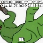 This can't only be me, right? | MY BRAIN: DON'T THROW THE SANDAL, IT WON'T CURVE AROUND THE CORNER OF THE WALL; ME: | image tagged in frog slap,pepe,sandal,throw,yeet,iykyk | made w/ Imgflip meme maker