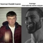 Kinda True | Average International meme enjoyer; Normal Reddit karen | image tagged in average fan vs average enjoyer,reddit,imgflip,relatable,just a joke | made w/ Imgflip meme maker