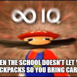 smorty smort smort | WHEN THE SCHOOL DOESN'T LET YOU BRING BACKPACKS SO YOU BRING CARGO PANTS | image tagged in marios infinite iq | made w/ Imgflip meme maker