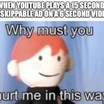 this makes me angy | WHEN YOUTUBE PLAYS A 15 SECOND UNSKIPPABLE AD ON A 6 SECOND VIDEO | image tagged in why must you hurt me in this way,youtube,memes,funny | made w/ Imgflip meme maker