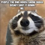 racoon | PEOPLE: THE OWL HOUSE SHOW ENDED. 
DISNEY SHUT IT DOWN.

ME: | image tagged in the owl house | made w/ Imgflip meme maker
