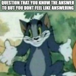 i dunno... | WHEN SOMEONE ASKS YOU A QUESTION THAT YOU KNOW THE ANSWER TO BUT YOU DONT FEEL LIKE ANSWERING | image tagged in tom i dont know meme,idk,i dont know,what,bro,i have no idea | made w/ Imgflip meme maker