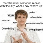 'That was so funny bro, I just forgot to laugh, don't worry I'll laugh next time for sure' | me whenever someone repiles with 'the sky' when I say 'what's up': | image tagged in wow genius so smart so funny,bruh,i forgot to laugh,funny,memes,fun | made w/ Imgflip meme maker