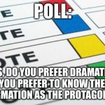 :) | POLL:; IN BOOKS, DO YOU PREFER DRAMATIC IRONY
OR DO YOU PREFER TO KNOW THE SAME 
INFORMATION AS THE PROTAGONIST? | image tagged in political poll,books,writing,characters,polls,voting | made w/ Imgflip meme maker