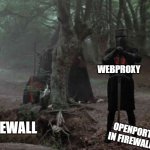How Web Proxies work | WEBSITE YOU WANT TO GO TO; WEBPROXY; FIREWALL; OPENPORT IN FIREWALL | image tagged in black night on bridge - monty python,proxy | made w/ Imgflip meme maker