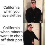 Persuadable Bouncer | California when you have skittles; California when minors want to chop off their pp's | image tagged in persuadable bouncer,california,skittles | made w/ Imgflip meme maker