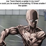 Don't kill the spider, it can eat the roaches | me: "mom there's a spider in my room"
mom: "How could you be scared of something 10 times smaller than you?"
the spider: | image tagged in saitama - one punch man anime,memes,funny | made w/ Imgflip meme maker