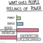 yes | TEACHER USING YOUR WORK AS AN EXAMPLE; AS AN EXAMPLE OF WHAT NOT TO DO | image tagged in what gives people feelings of power | made w/ Imgflip meme maker