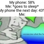 This happened to me one time | My phone: 58%
Me: *goes to sleep*
My phone the next day: 43%
Me: | image tagged in excuse me wtf blank template,memes,funny,phone | made w/ Imgflip meme maker