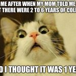 Wait what?!? | ME AFTER WHEN MY MOM TOLD ME THAT THERE WERE 2 TO 6 YEARS OF COLLAGE; AND I THOUGHT IT WAS 1 YEAR. | image tagged in memes,scared cat | made w/ Imgflip meme maker