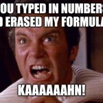 Excel anger | YOU TYPED IN NUMBERS AND ERASED MY FORMULAS? KAAAAAAHN! | image tagged in khan | made w/ Imgflip meme maker