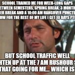 So I Got That Goin For Me Which Is Nice | SCHOOL TRAINED ME FOR WEEK-LONG GAPS BETWEEN SEMESTERS, SPRING BREAK, 3 MONTHS SUMMER BREAK AND A 10:00 AM HANGOVER PUNCTUALITY. NOW FOR THE REST OF MY LIFE I GET 10 DAYS PTO. BUT SCHOOL TRAFFIC WELL LIGHTEN UP AT THE 7 AM RUSHOUR SO I GOT THAT GOING FOR ME... WHICH IS NICE | image tagged in memes,so i got that goin for me which is nice | made w/ Imgflip meme maker