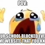 true | POV:; YOUR SCHOOL BLOCKED EVERY GAME WEBSITE THAT YOU KNOW | image tagged in cursed crying emoji,sad,school,funny,fun,true | made w/ Imgflip meme maker