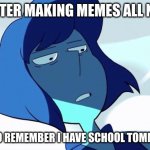 Lapis | ME AFTER MAKING MEMES ALL NIGHT; ONLY TO REMEMBER I HAVE SCHOOL TOMMOROW | image tagged in lapis | made w/ Imgflip meme maker