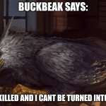 Buckbeak | BUCKBEAK SAYS:; I CANT BE KILLED AND I CANT BE TURNED INTO A TURKEY | image tagged in buckbeak | made w/ Imgflip meme maker