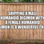 And that's why Male Humanoid Digimon x Female Humanoid Digimon ships are fantastic! | SHIPPING A MALE HUMANOID DIGIMON WITH A FEMALE HUMANOID DIGIMON IS A WONDERFUL THING! | image tagged in fence | made w/ Imgflip meme maker