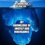 And this Is not only me i think... | MY KNOWLEDGE OF REAL LIFE; MY KNOWLEDGE OF IMGFILP AND VIDEOGAMES | image tagged in iceberg,knowledge,video games,imgflip,memes,front page plz | made w/ Imgflip meme maker