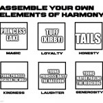 The elements of hope! | TUFF (KIRBY); TAILS; PRINCESS LAKE; YOUNG PRINCESS DAISY THE RACCOON; YOUNG MAYOR PAULINE THE HEDGEHOG; YOUNG PRINCESS ROSALINA THE WOLF | image tagged in assemble your own elements of harmony | made w/ Imgflip meme maker