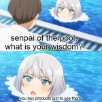 True. | senpai of the pool, what is your wisdom? you buy products just to use them, empty them, throw them away and buy another one. | image tagged in senpai what is your wisdom | made w/ Imgflip meme maker
