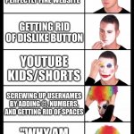 How do you screw up a website this badly? | BEING A PERFECTLY FINE WEBSITE; GETTING RID OF DISLIKE BUTTON; YOUTUBE KIDS/SHORTS; SCREWING UP USERNAMES BY ADDING @, NUMBERS, AND GETTING RID OF SPACES; "WHY AM I DISOWNED?" | image tagged in clown applying makeup - 5 faces | made w/ Imgflip meme maker