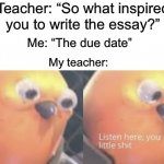 The due date (if this gets marked istg) | Teacher: “So what inspired you to write the essay?”; Me: “The due date”; My teacher: | image tagged in listen here you little shit bird,memes,funny,true story,relatable memes,school | made w/ Imgflip meme maker