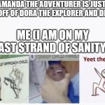What I was gonna do to my S.O. deadass when they said this shit | "AMANDA THE ADVENTURER IS JUST A RIP-OFF OF DORA THE EXPLORER AND DDLC!"; ME (I AM ON MY LAST STRAND OF SANITY): | image tagged in casually approach child grasp child firmly yeet the child | made w/ Imgflip meme maker
